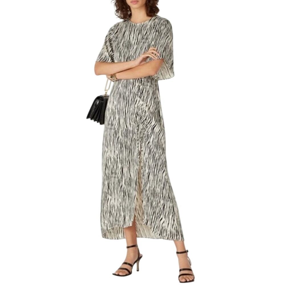 Petersyn SzXL Etta Black White Zebra Animal Print Flutter Sleeve Slit Midi Dress
